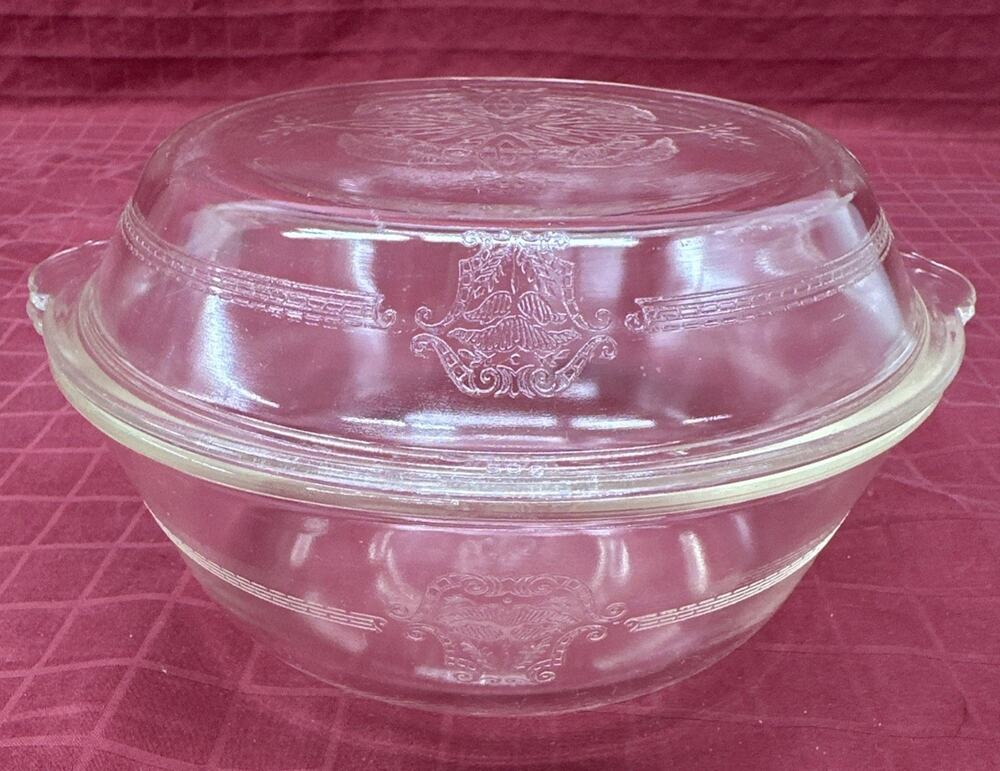 Glasbake 7" Casserole Poppy w/ Pie Plate Lid 1940s Etched Poppies Pattern 506